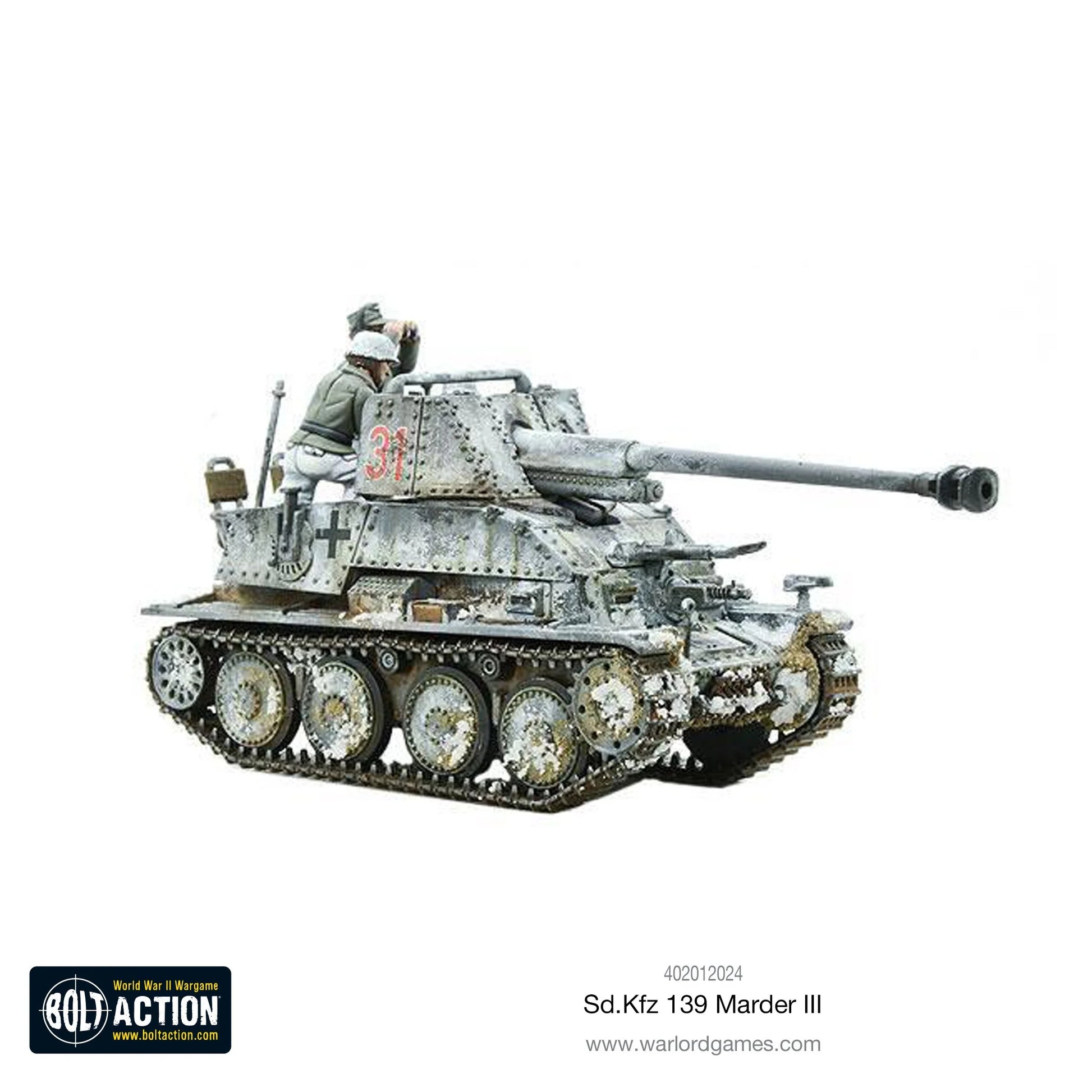 Marder III Sd.Kfz 139 - Bolt Action 1/56 28mm - niszczyciel czołgów z armatą 76,2mm PaK 36(r) w zimowym kamuflażu białym z dowódcą i efektami weathering śnieg błoto - widok z boku - Warlord Games