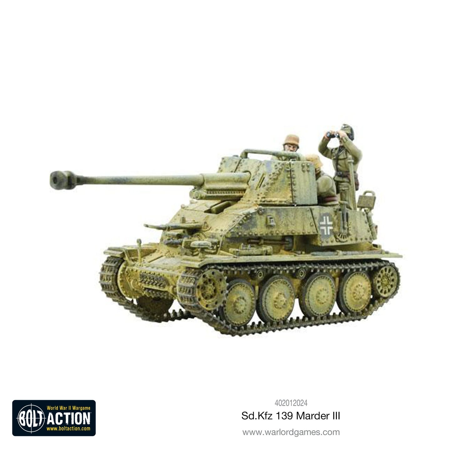 Marder III Sd.Kfz 139 - Bolt Action 1/56 28mm - niszczyciel czołgów z długą armatą 76,2mm PaK 36(r) L/51 w kamuflażu dunkelgelb z dwoma członkami załogi - widok z boku z trzema czwartymi - Warlord Games