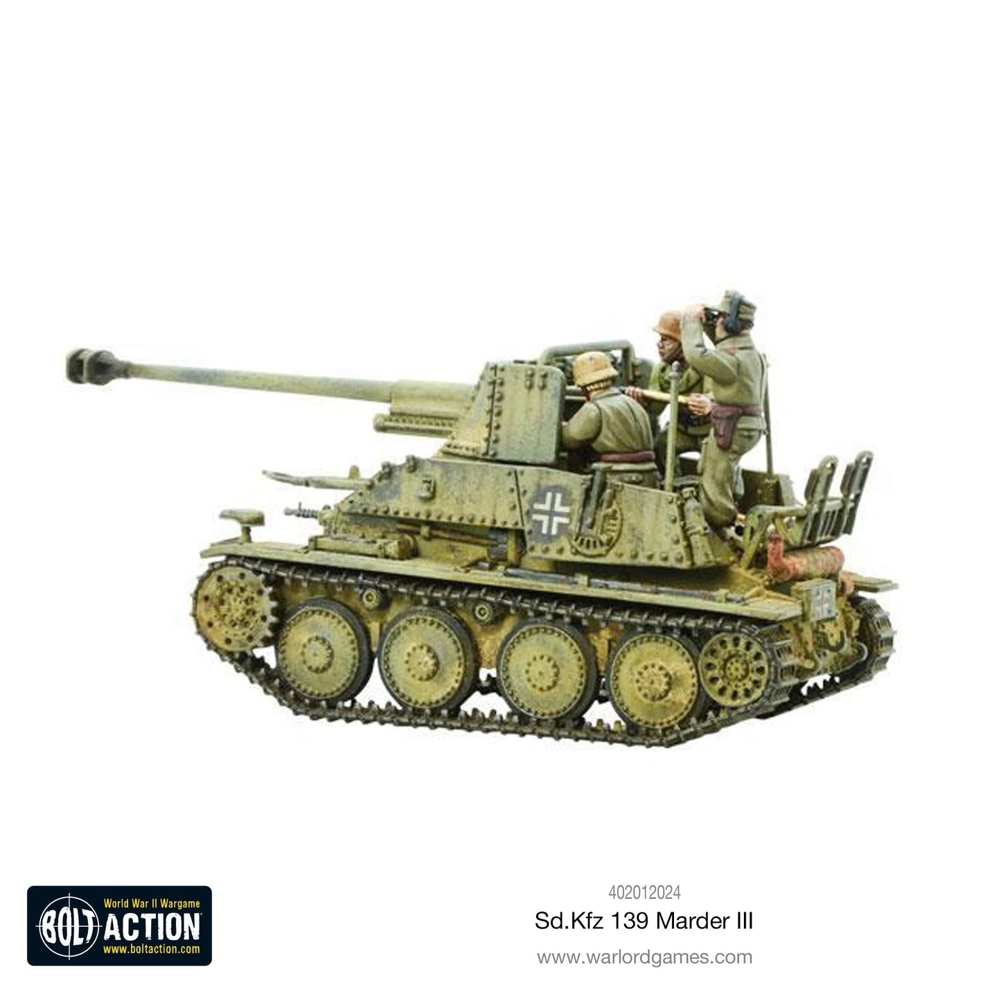  Marder III Sd.Kfz 139 - Bolt Action 1/56 28mm - niszczyciel czołgów z armatą 76,2mm PaK 36(r) w kamuflażu dunkelgelb z trzema członkami załogi i wyposażeniem - widok z boku - Warlord Games