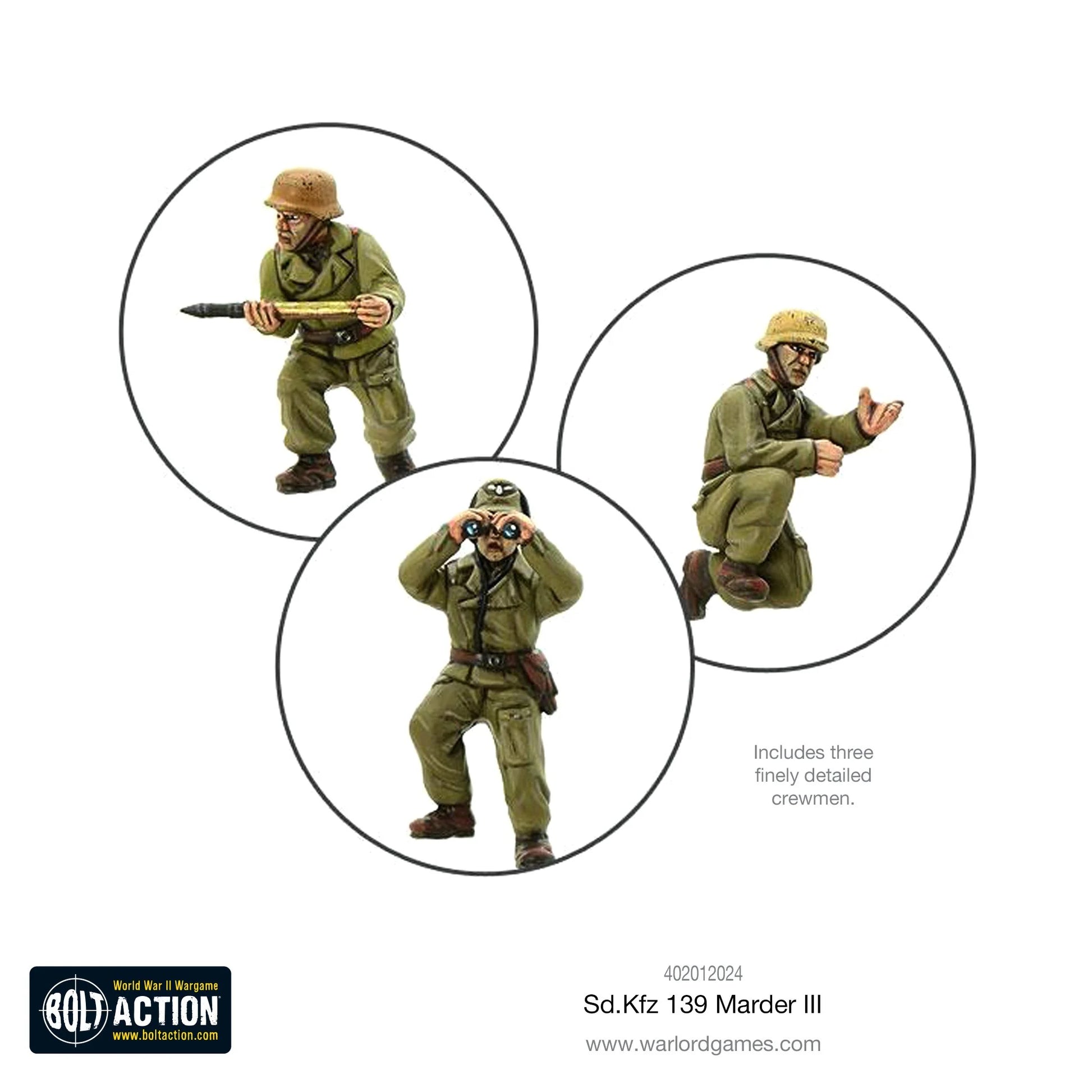 Marder III Sd.Kfz 139 - Bolt Action 1/56 28mm - trzech członków załogi 28mm dowódca z lornetką ładowacz z pociskiem obserwator klęczący - szczegółowe figurki - Warlord Games
