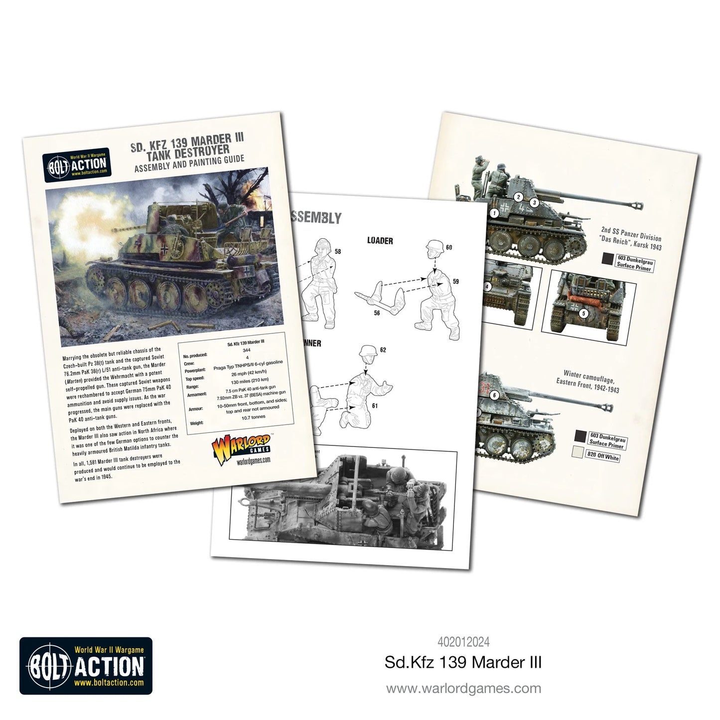 Marder III Sd.Kfz 139 - Bolt Action 1/56 28mm - przewodnik montażu i malowania z schematami załogi 2nd SS Panzer Division Kursk 1943 zimowy kamuflaż Front Wschodni - Warlord Games