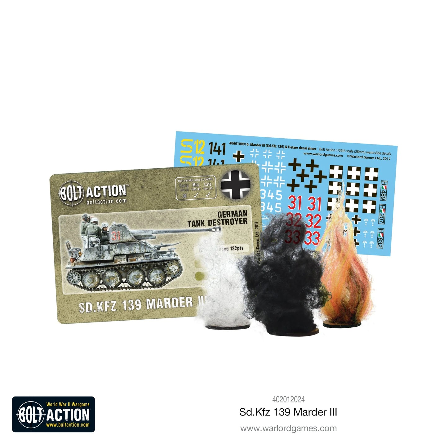 Marder III Sd.Kfz 139 - Bolt Action 1/56 28mm - zawartość zestawu z kartą statystyk arkuszem kalkomanii numerami 141 31 32 33 krzyżami balkenkreuz i znacznikami uszkodzeń dym ogień - Warlord Games