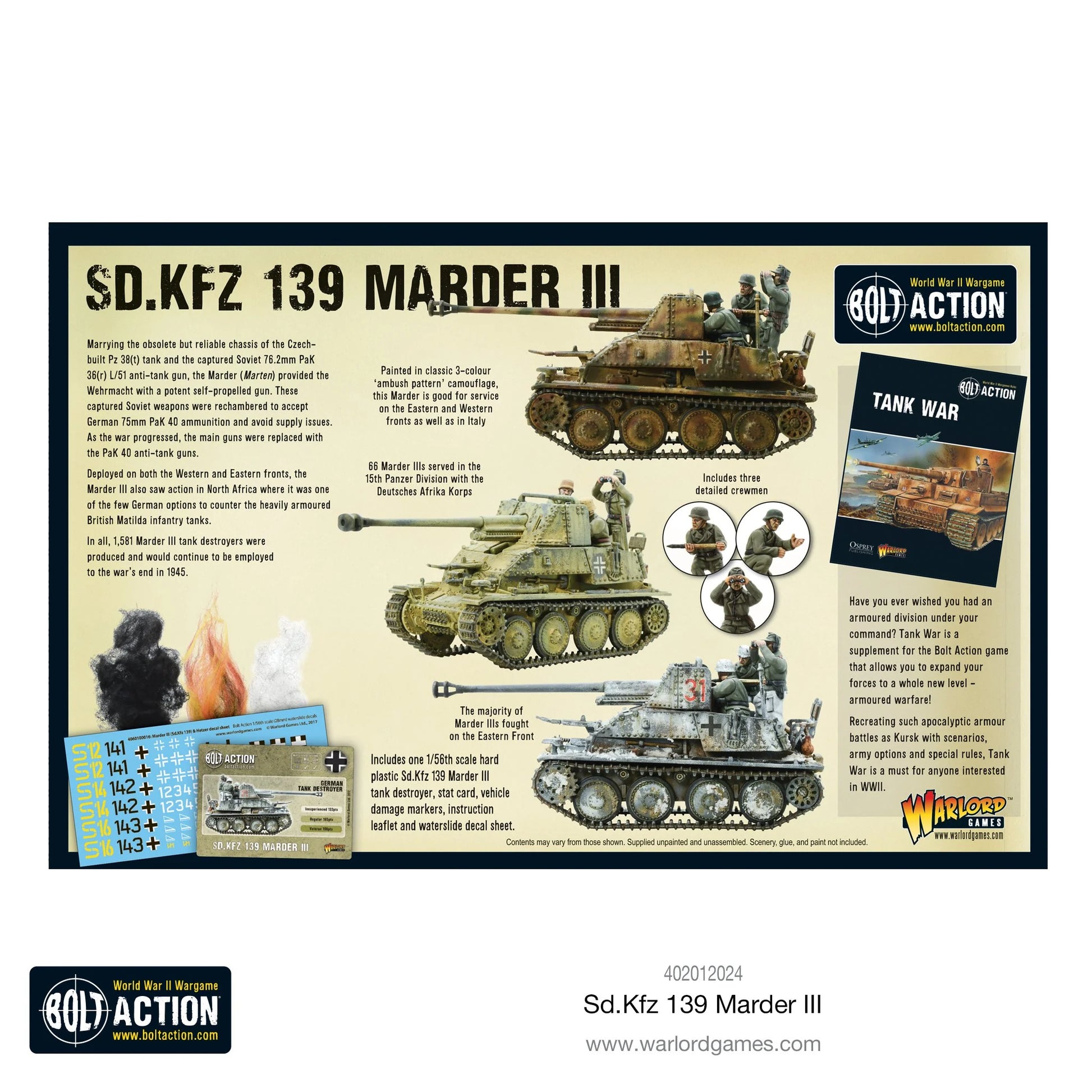 Marder III Sd.Kfz 139 - Bolt Action 1/56 28mm - tył opakowania z historią trzema członkami załogi kamuflażami 3-colour ambush Front Wschodni i informacjami o Tank War - Warlord Games