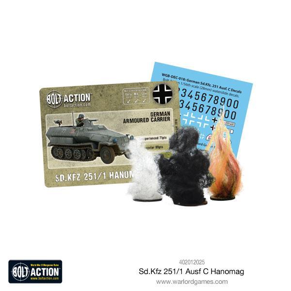 Sd.Kfz 251/1 Ausf C Hanomag - Bolt Action 1/56 28mm - zawartość zestawu z kartą statystyk Bolt Action arkuszem kalkomanii numerami krzyżami balkenkreuz i znacznikami uszkodzeń dym ogień - Warlord Games