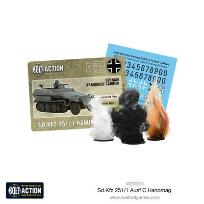 Sd.Kfz 251/1 Ausf C Hanomag - Bolt Action 1/56 28mm - zawartość zestawu z kartą statystyk Bolt Action arkuszem kalkomanii numerami krzyżami balkenkreuz i znacznikami uszkodzeń dym ogień - Warlord Games