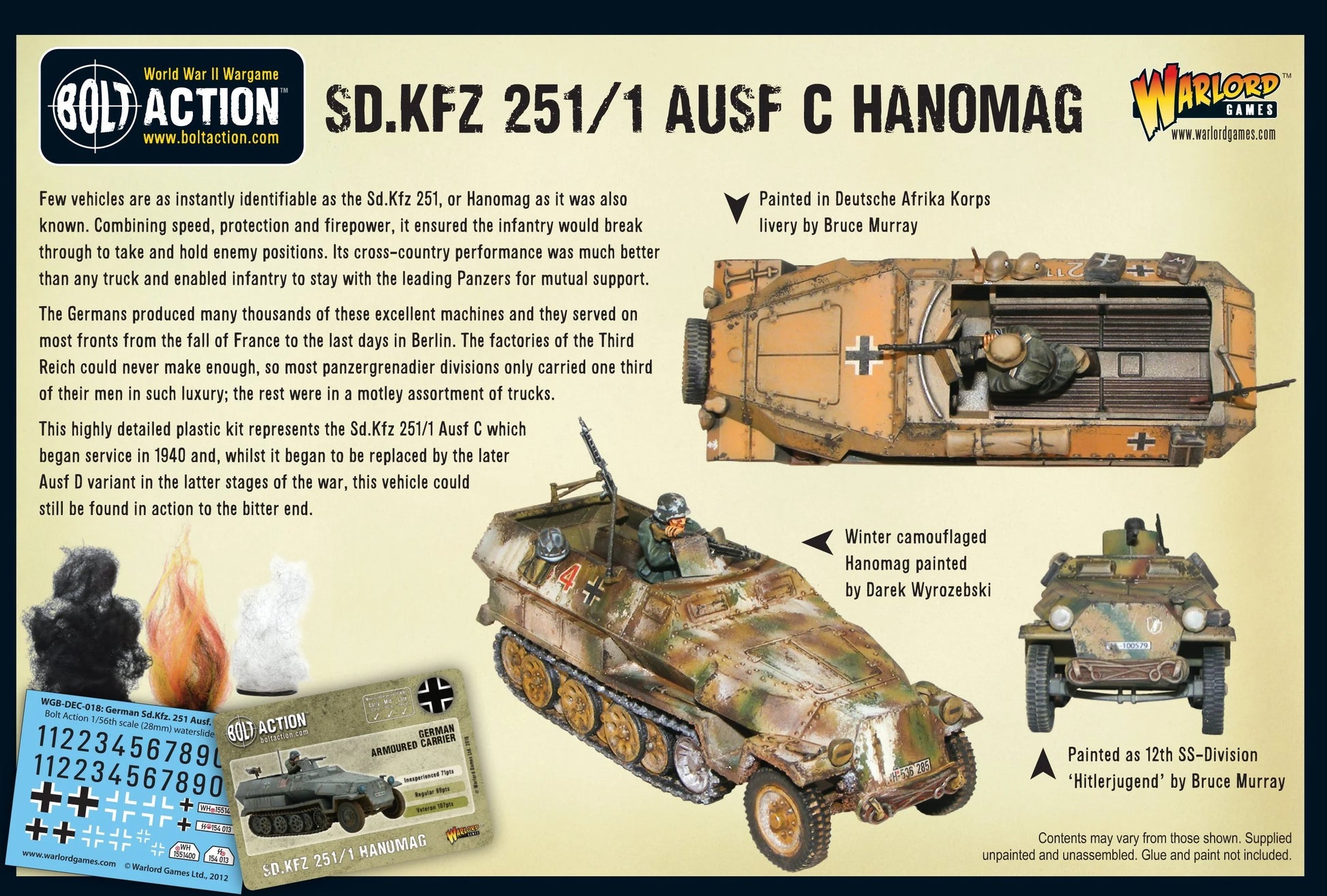 Sd.Kfz 251/1 Ausf C Hanomag - Bolt Action 1/56 28mm - tył opakowania z historią trzema kamuflażami Deutsche Afrika Korps zimowy 12th SS Division Hitlerjugend i informacjami o zakrzywionej konstrukcji Ausf C - Warlord Games