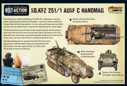 Sd.Kfz 251/1 Ausf C Hanomag - Bolt Action 1/56 28mm - tył opakowania z historią trzema kamuflażami Deutsche Afrika Korps zimowy 12th SS Division Hitlerjugend i informacjami o zakrzywionej konstrukcji Ausf C - Warlord Games