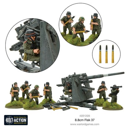 8.8cm Flak 37 – detal lufy i tarczy ochronnej, figurki załogi ładujące pocisk, skala 1/56 28mm Bolt Action
