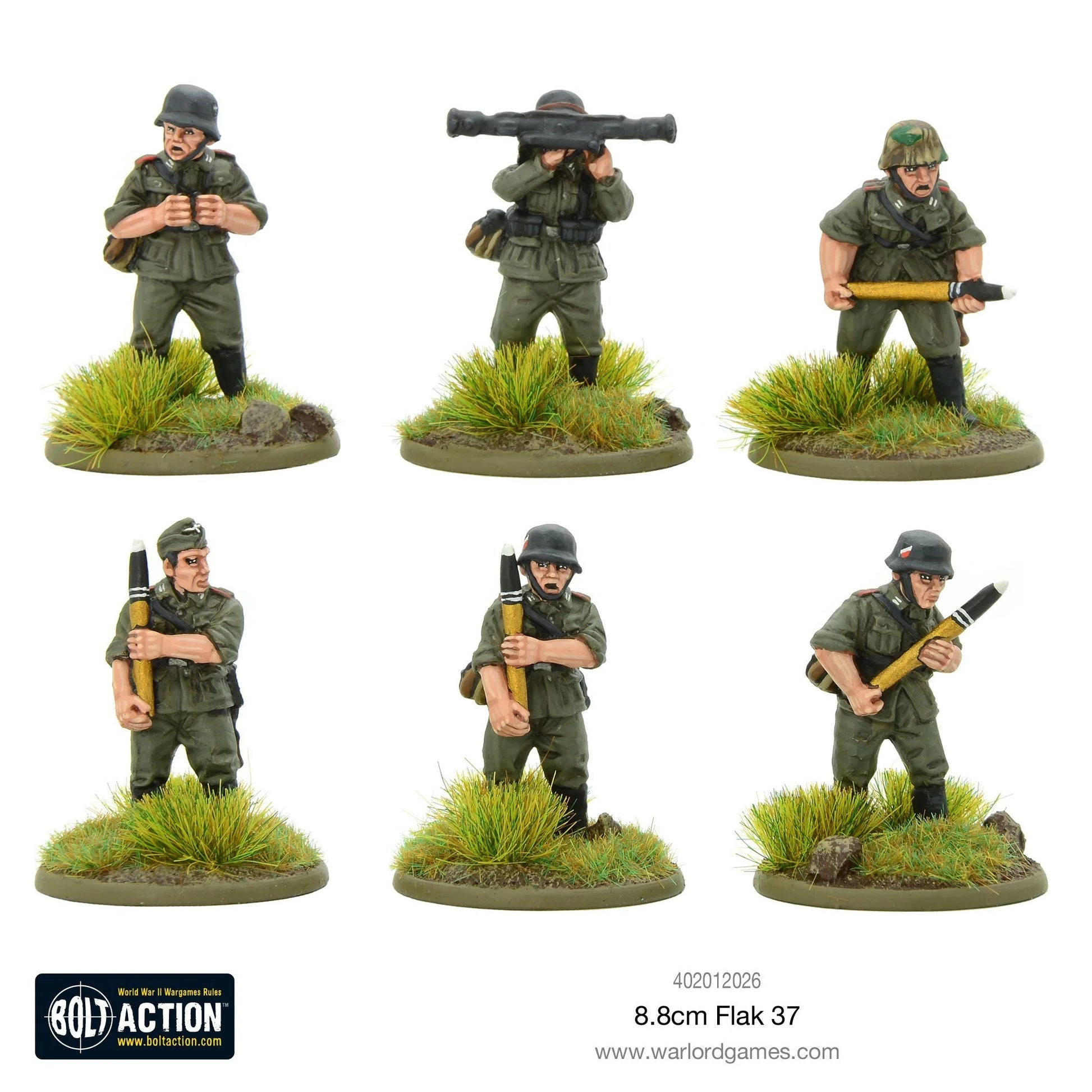 8.8cm Flak 37 – 6 metalowych figurek załogi Bolt Action 28mm: dowódca, ładowniczy z pociskiem, obserwator, strzelec z Panzerfaustem
