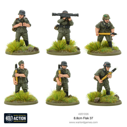 8.8cm Flak 37 – 6 metalowych figurek załogi Bolt Action 28mm: dowódca, ładowniczy z pociskiem, obserwator, strzelec z Panzerfaustem

