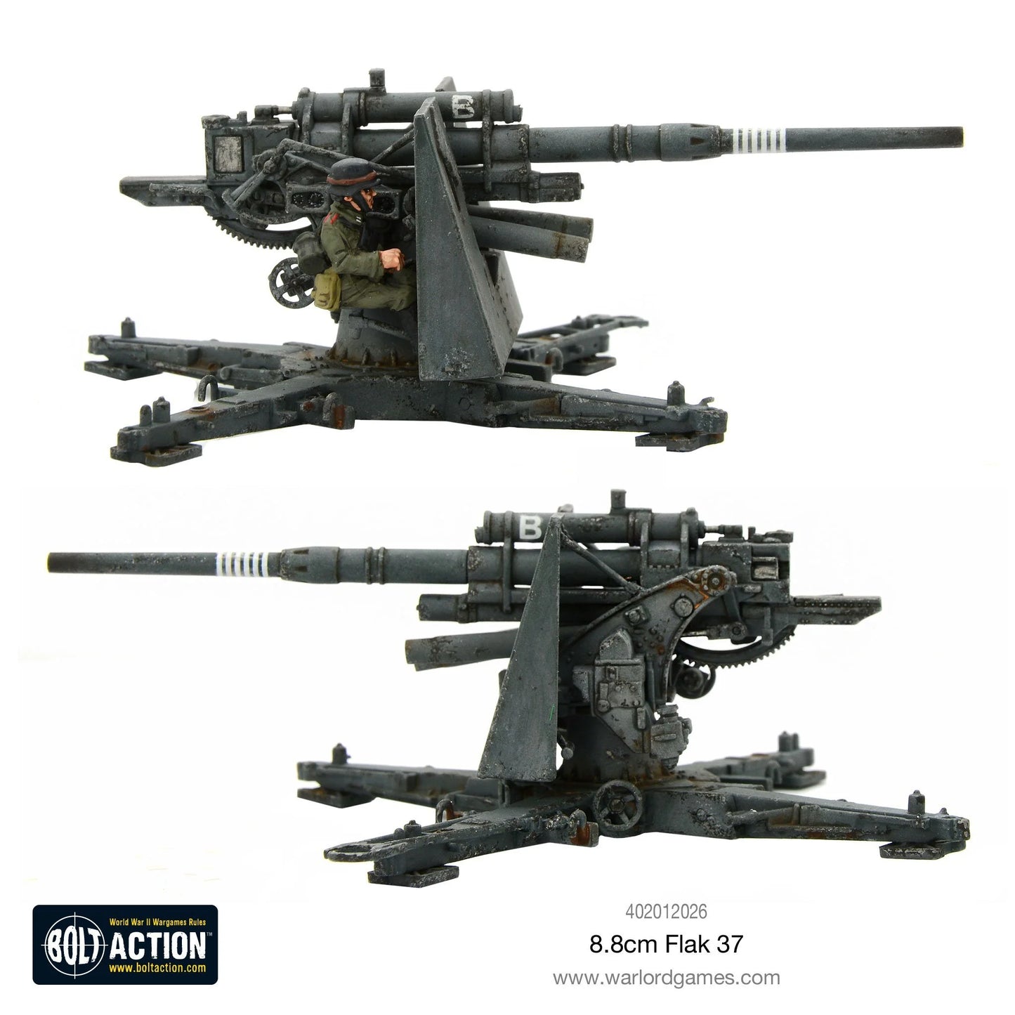 8.8cm Flak 37 – plastikowy model armaty, widok z lewej i prawej strony, figurka strzelca przy celowniku, skala 1/56 28mm
