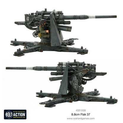 8.8cm Flak 37 – plastikowy model armaty, widok z lewej i prawej strony, figurka strzelca przy celowniku, skala 1/56 28mm
