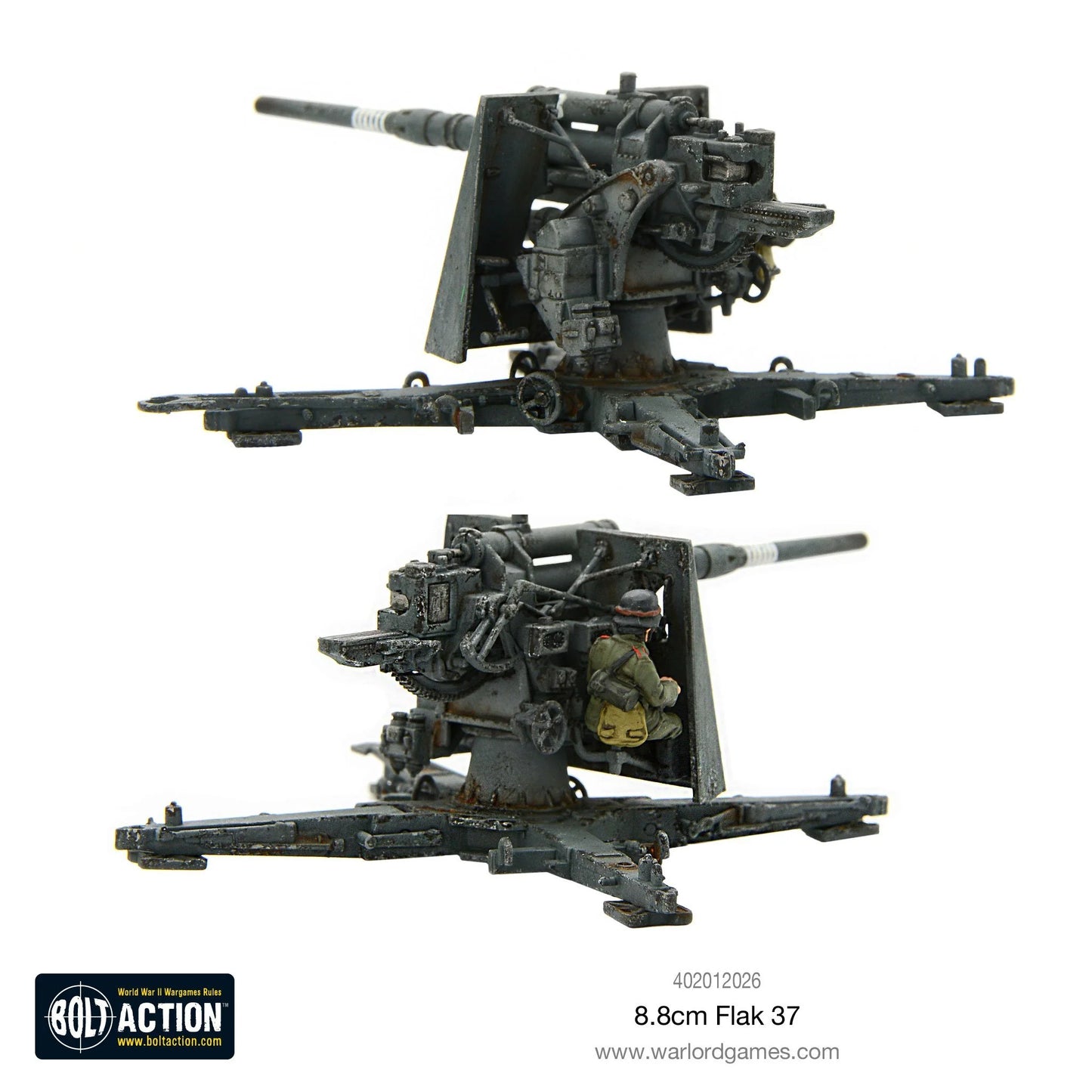 8.8cm Flak 37 – widok z przodu i z tyłu na mechanizm obrotu i elewacji, figurka strzelca przy stanowisku, skala 1/56 28mm
