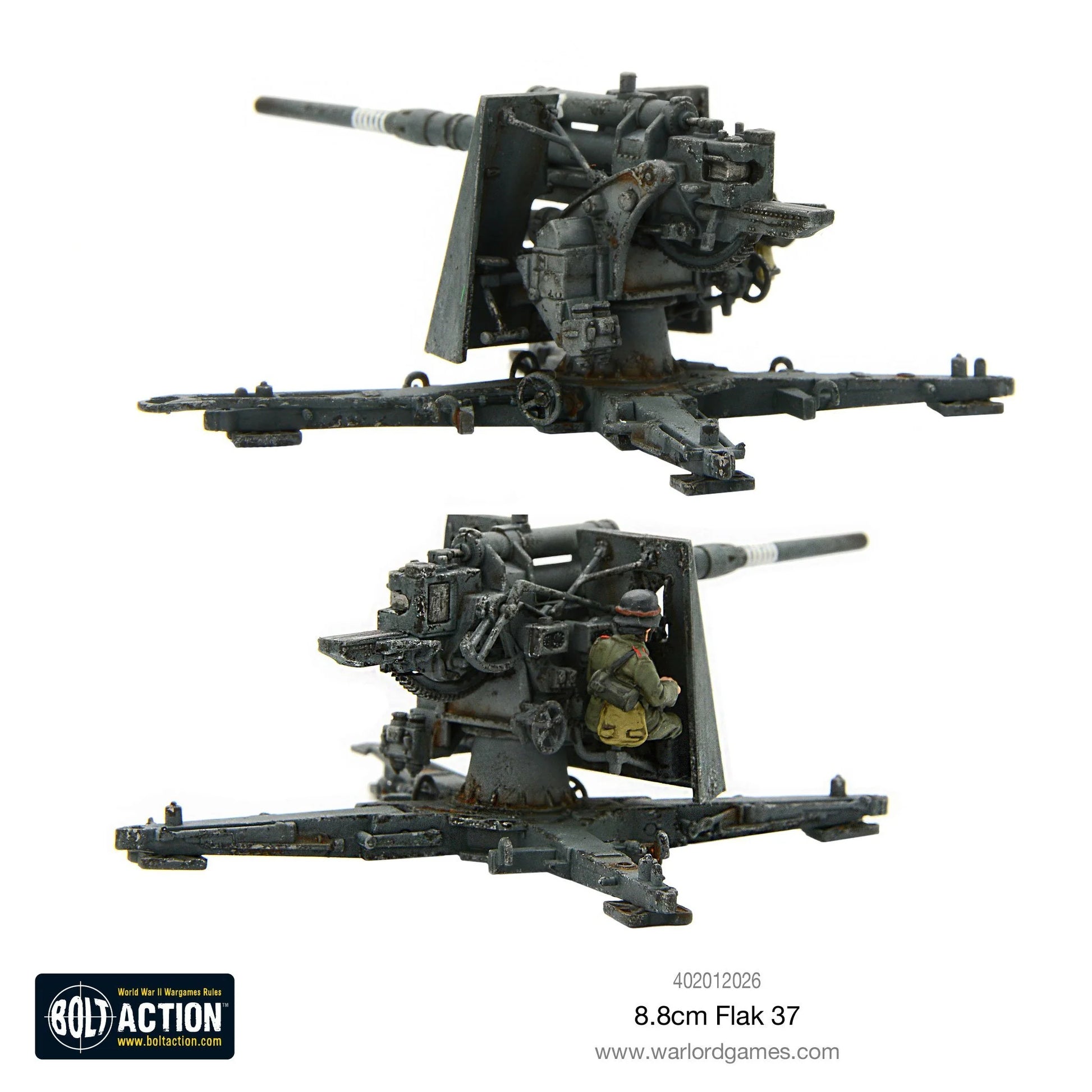 8.8cm Flak 37 – widok z przodu i z tyłu na mechanizm obrotu i elewacji, figurka strzelca przy stanowisku, skala 1/56 28mm
