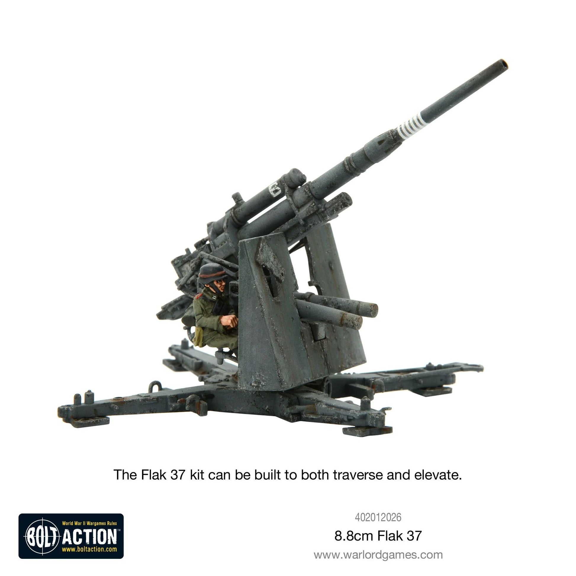 8.8cm Flak 37 – lufa uniesiona pod kątem przeciwlotniczym, figurka strzelca przy celowniku, demonstracja regulacji elewacji, skala 1/56 28mm
