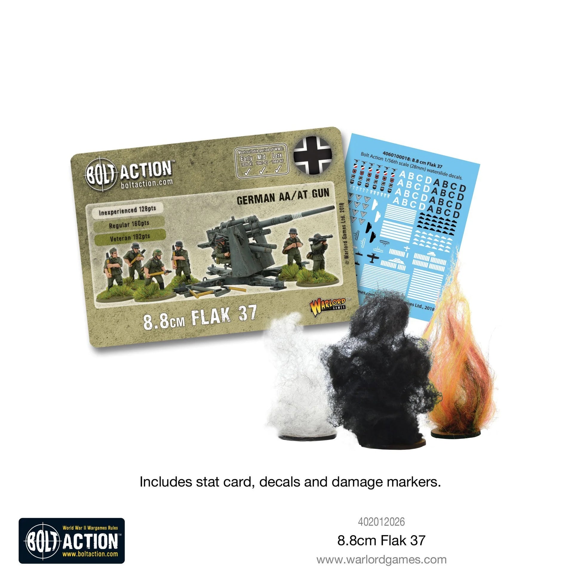8.8cm Flak 37 – karta statystyk Bolt Action (128/160/192 pkt), arkusz kalkomanii waterslide i 3 znaczniki uszkodzeń (dym biały, czarny, ogień)
