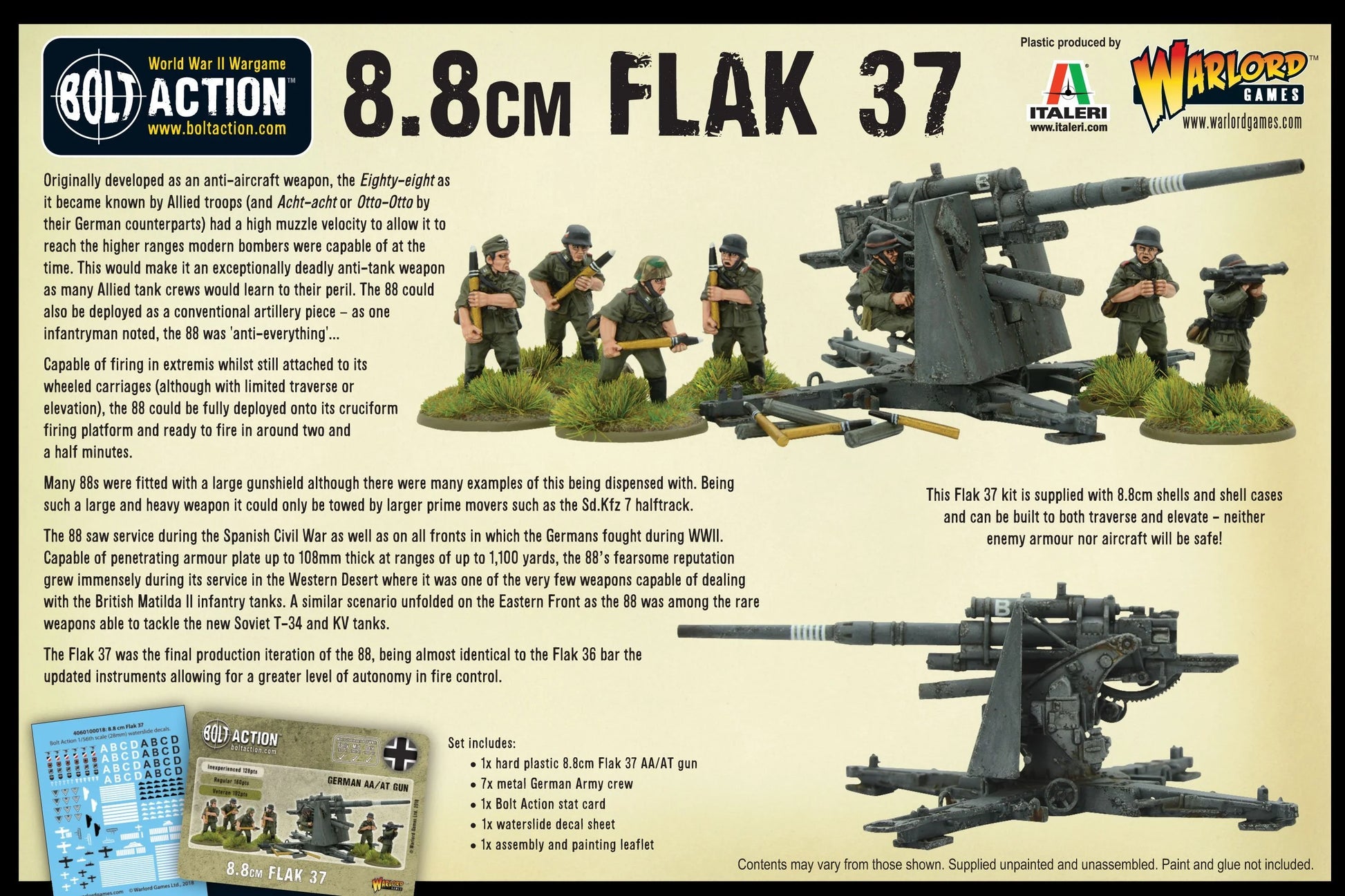 8.8cm Flak 37 – tył pudełka Warlord Games/Italeri: opis historyczny, zawartość zestawu, 7 figurek załogi z armatą na stole do gry

