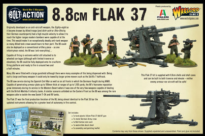 8.8cm Flak 37 – tył pudełka Warlord Games/Italeri: opis historyczny, zawartość zestawu, 7 figurek załogi z armatą na stole do gry
