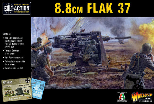 8.8cm Flak 37 – pudełko zestawu Warlord Games/Italeri: armata AA/AT z załogą, karta statystyk i arkusz kalkomanii
