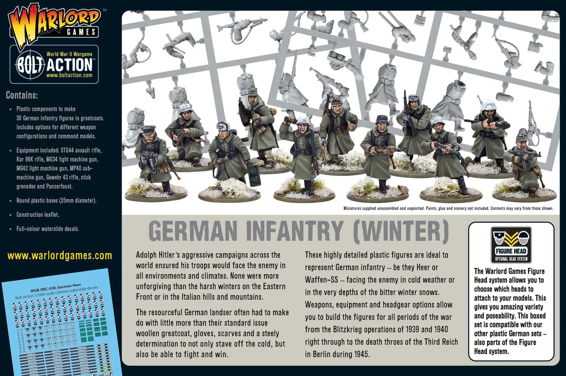 German Grenadiers Winter - Bolt Action 28mm - tył opakowania z wyposażeniem STG44 MG42 Panzerfaust i wypraskami - zawartość zestawu - Warlord Games
