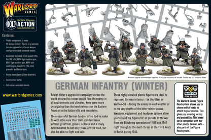 German Grenadiers Winter - Bolt Action 28mm - tył opakowania z wyposażeniem STG44 MG42 Panzerfaust i wypraskami - zawartość zestawu - Warlord Games