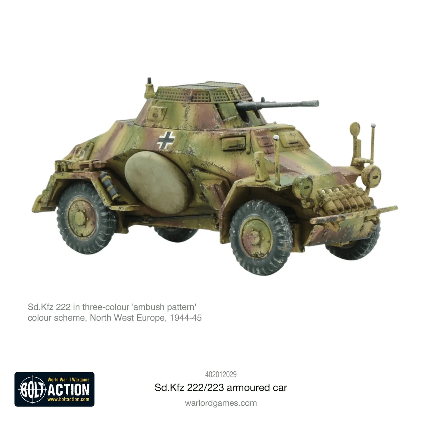 Sd.Kfz 222 - Bolt Action 1/56 28mm - samochód pancerny 4x4 z działkiem 2cm KwK 30 L/55 karabinem MG34 w kamuflażu ambush 3-colour z krzyżem balkenkreuz - widok z boku - Europa Północno-Zachodnia 1944-45 - Warlord Games