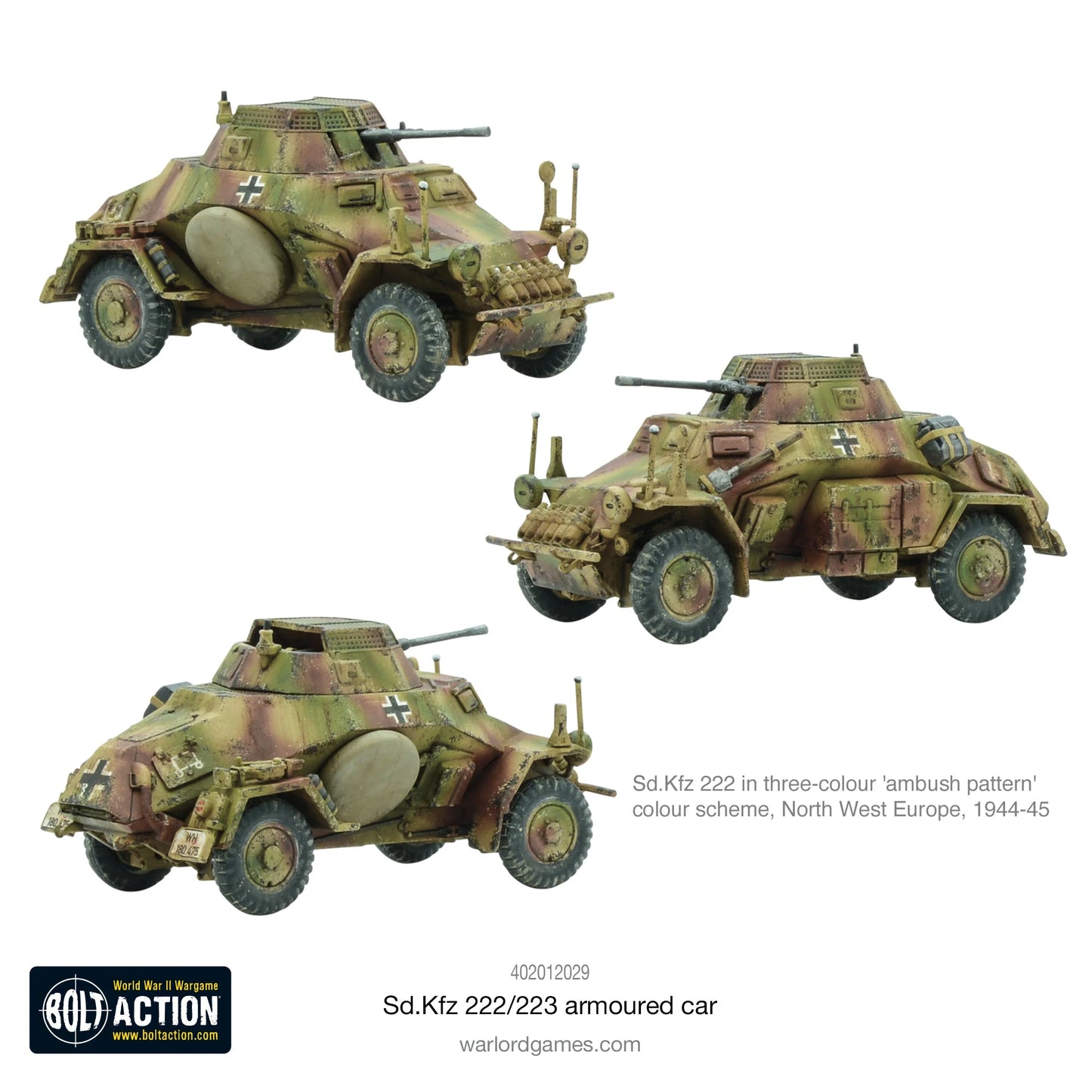 Sd.Kfz 222 - Bolt Action 1/56 28mm - trzy samochody pancerne w kamuflażu ambush 3-colour z działkami 2cm KwK 30 karabinami MG34 krzyżami balkenkreuz - Europa Północno-Zachodnia 1944-45 - Warlord Games