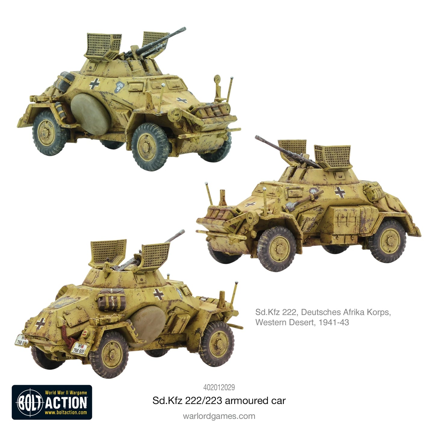 Sd.Kfz 222 - Bolt Action 1/56 28mm - trzy samochody pancerne Deutsches Afrika Korps w kamuflażu pustynnym dunkelgelb z działkami 2cm KwK 30 karabinami MG34 - Pustynia Zachodnia 1941-43 - Warlord Games
