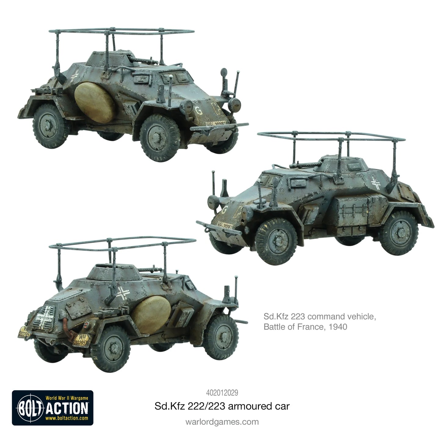  Sd.Kfz 223 - Bolt Action 1/56 28mm - trzy samochody dowodzenia 4x4 w kamuflażu panzer grey z charakterystycznymi ramami antenowymi sprzętem radiowym FuG krzyżami balkenkreuz - Bitwa o Francję 1940 - Warlord Games