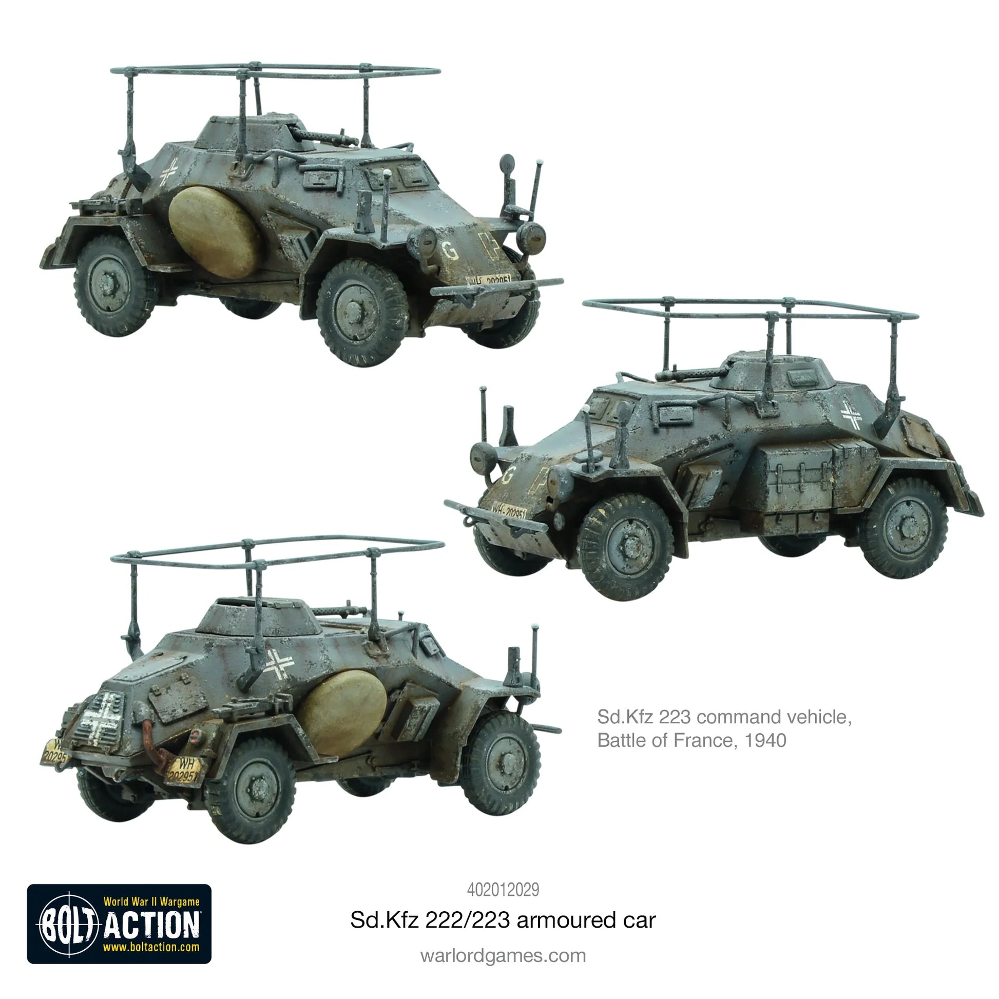  Sd.Kfz 223 - Bolt Action 1/56 28mm - trzy samochody dowodzenia 4x4 w kamuflażu panzer grey z charakterystycznymi ramami antenowymi sprzętem radiowym FuG krzyżami balkenkreuz - Bitwa o Francję 1940 - Warlord Games