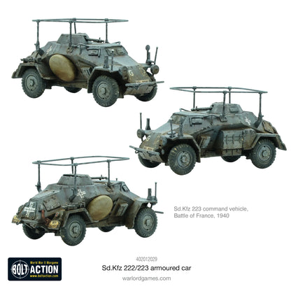  Sd.Kfz 223 - Bolt Action 1/56 28mm - trzy samochody dowodzenia 4x4 w kamuflażu panzer grey z charakterystycznymi ramami antenowymi sprzętem radiowym FuG krzyżami balkenkreuz - Bitwa o Francję 1940 - Warlord Games