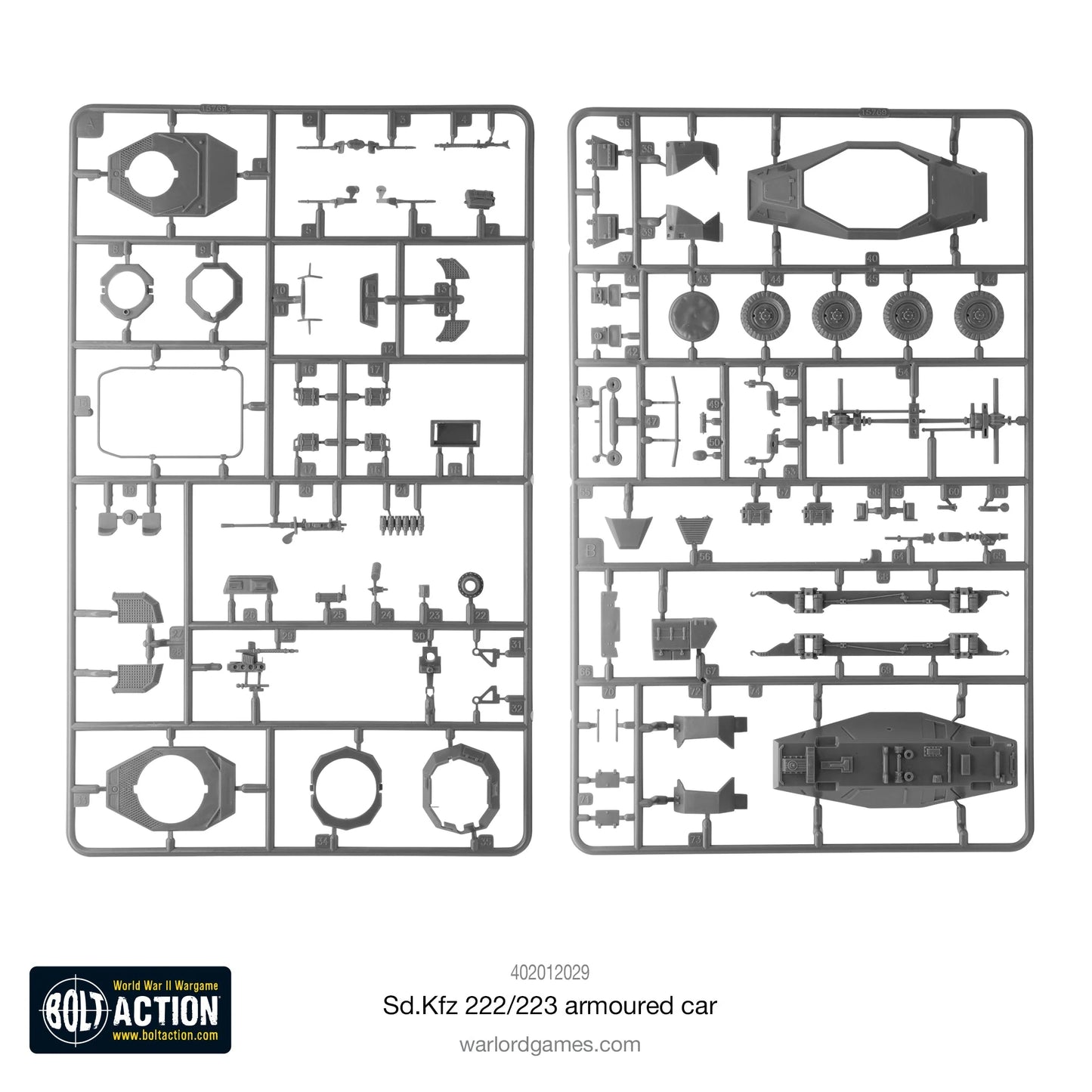 1. Sd.Kfz 222/223 - Bolt Action 1/56 28mm - dwie wypraski plastikowe z częściami kadłub wieża koła działko 2cm rama antenowa podwozie 4x4 detale - plastikowy model Italeri - Warlord Games