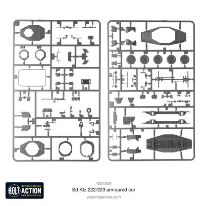 1. Sd.Kfz 222/223 - Bolt Action 1/56 28mm - dwie wypraski plastikowe z częściami kadłub wieża koła działko 2cm rama antenowa podwozie 4x4 detale - plastikowy model Italeri - Warlord Games