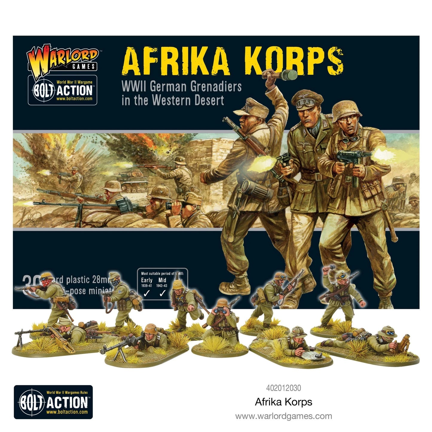 Afrika Korps Infantry - Bolt Action 28mm - kompletny pluton 30 figurek z MP40 MG34 na podstawkach pustynnych - widok z przodu - Warlord Games