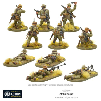 Afrika Korps Infantry - Bolt Action 28mm - żołnierze z tropikalnymi hełmami i karabinami - widok z tyłu - detale wyposażenia - Warlord Games