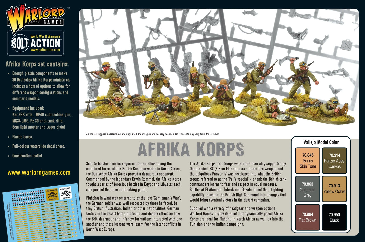 Afrika Korps Infantry - Bolt Action 28mm - tył opakowania z wyposażeniem Kar98K MP40 MG34 moździerz 5cm - przewodnik malowania Vallejo - Warlord Games