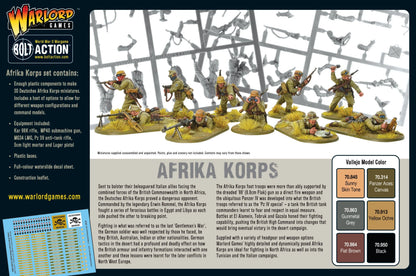 Afrika Korps Infantry - Bolt Action 28mm - tył opakowania z wyposażeniem Kar98K MP40 MG34 moździerz 5cm - przewodnik malowania Vallejo - Warlord Games