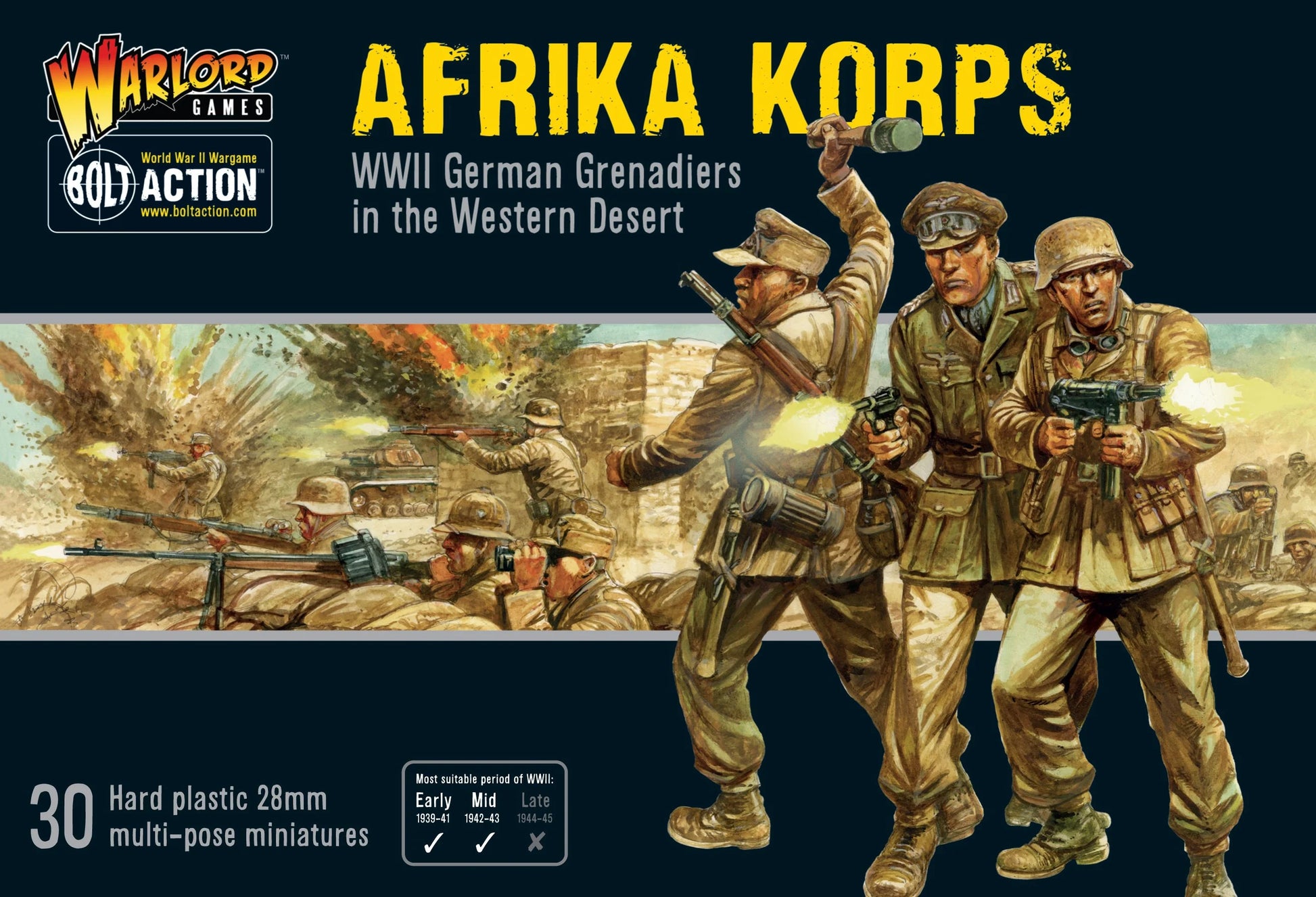 Afrika Korps Infantry - Bolt Action 28mm - opakowanie pudełko z ilustracją piechoty pustynnej w walce - 30 figurek plastikowych - Warlord Games