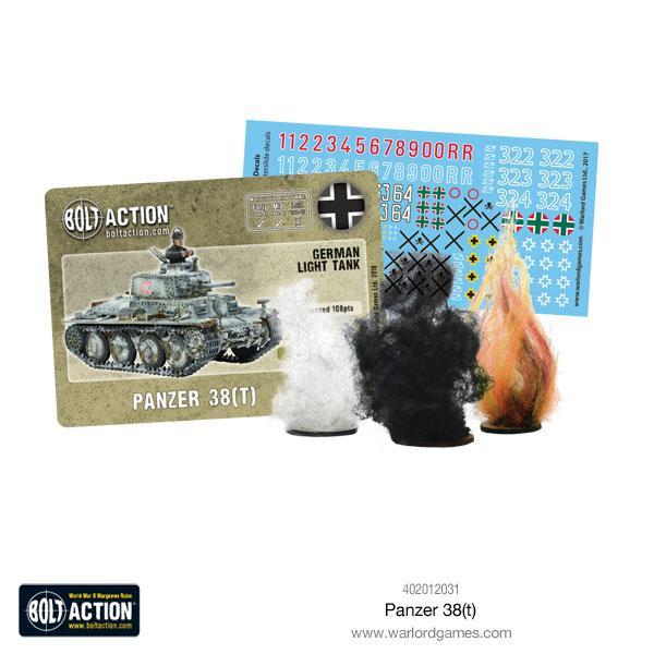 Panzer 38(t) - Bolt Action 1/56 28mm - zawartość zestawu z kartą statystyk arkuszem kalkomanii dla Niemiec Węgier Rumunii Bułgarii i znacznikami uszkodzeń dym ogień - Warlord Games