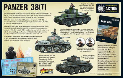 Panzer 38(t) - Bolt Action 1/56 28mm - tył opakowania z historią LT vz 38 czeski design wariantami Hetzer Marder kamuflażami i informacjami o Tank War - Warlord Games