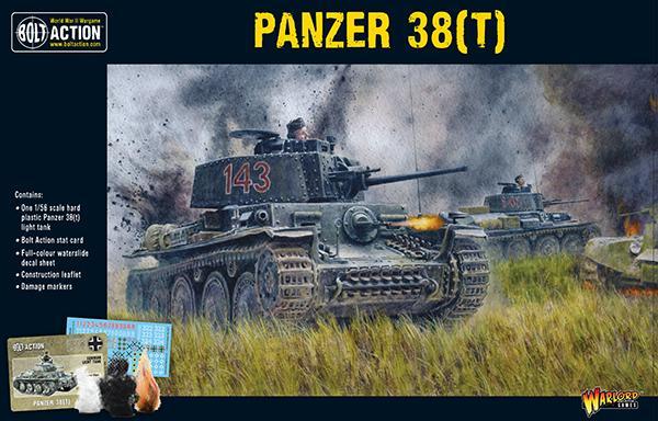 1. Panzer 38(t) - Bolt Action 1/56 28mm - opakowanie pudełko z ilustracją czołgu numer 143 w walce z eksplozjami i ogniem - plastikowy model - Warlord Games