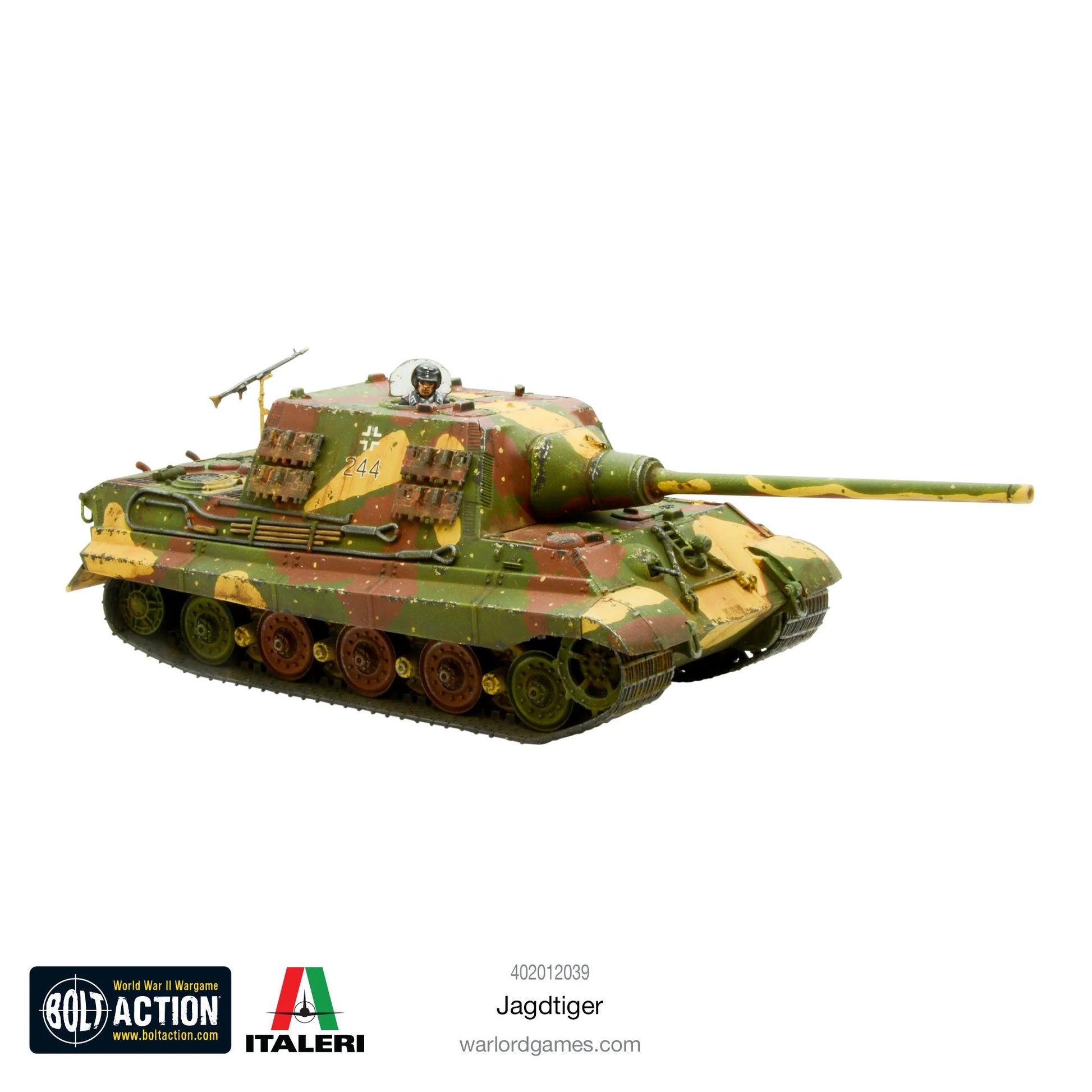 Jagdtiger - Bolt Action 1/56 28mm - niszczyciel czołgów z armatą 128mm Pak 44 w kamuflażu ambush numer 244 - widok z boku z dowódcą - Warlord Games