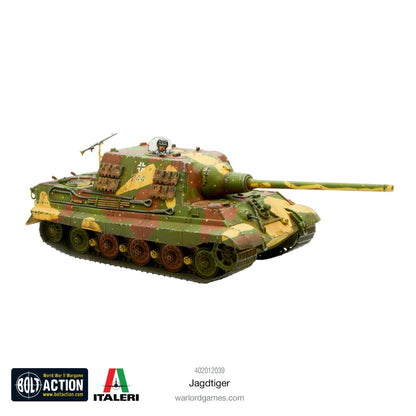 Jagdtiger - Bolt Action 1/56 28mm - niszczyciel czołgów z armatą 128mm Pak 44 w kamuflażu ambush numer 244 - widok z boku z dowódcą - Warlord Games