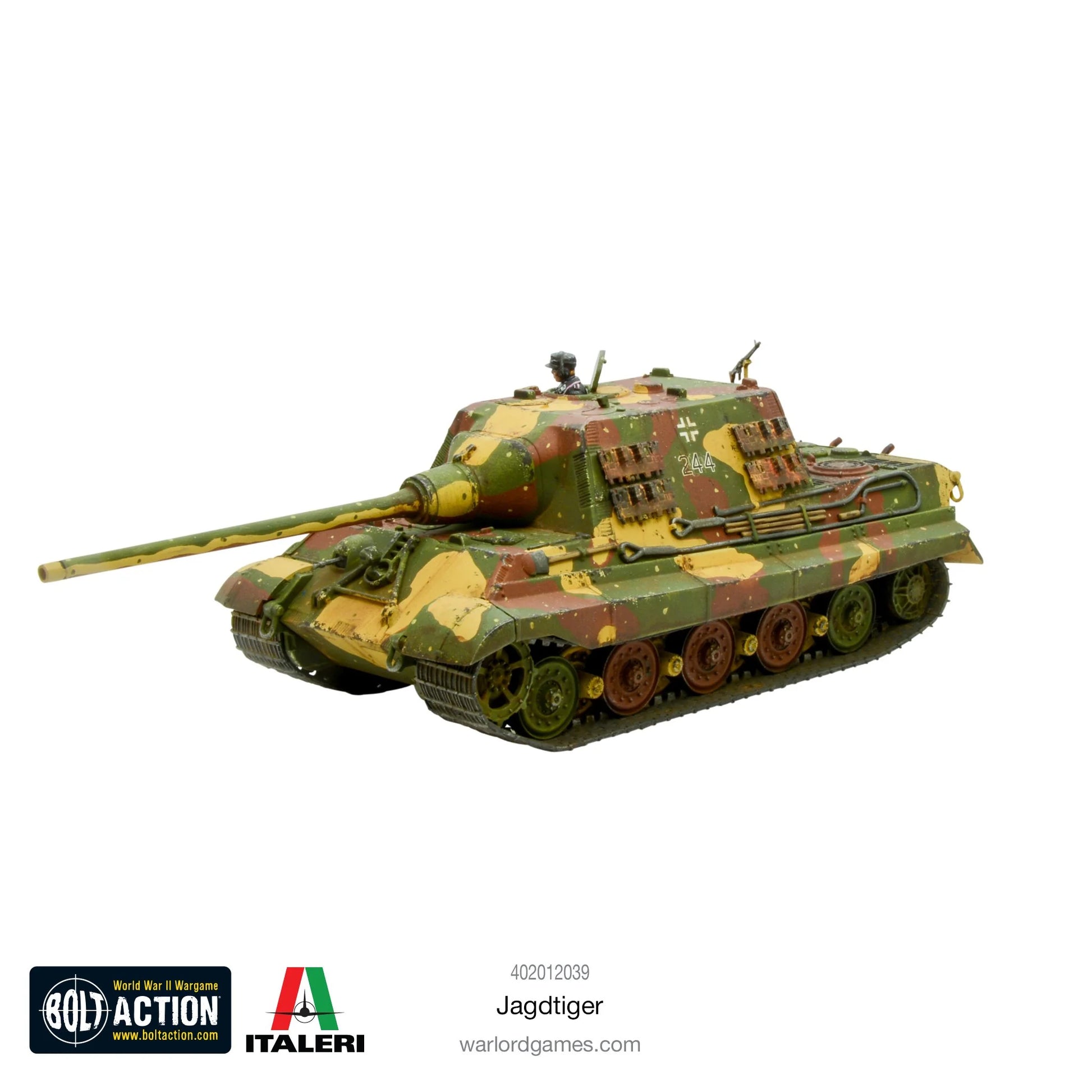 Jagdtiger - Bolt Action 1/56 28mm - niszczyciel czołgów 71 ton z długą armatą 128mm Pak 44 w kamuflażu - widok z przodu - Warlord Games