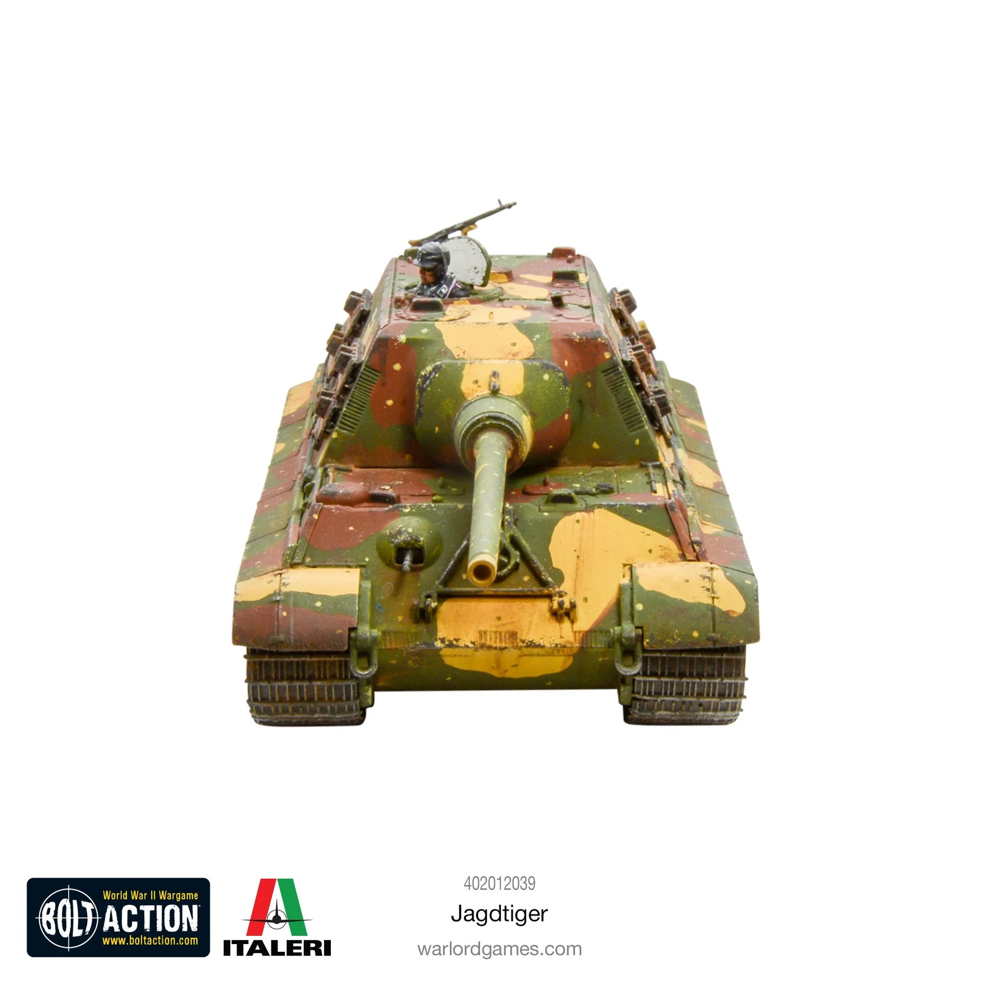 Jagdtiger - Bolt Action 1/56 28mm - niszczyciel czołgów z armatą 128mm Pak 44 w kamuflażu - widok z przodu z dowódcą i karabinem maszynowym - Warlord Games