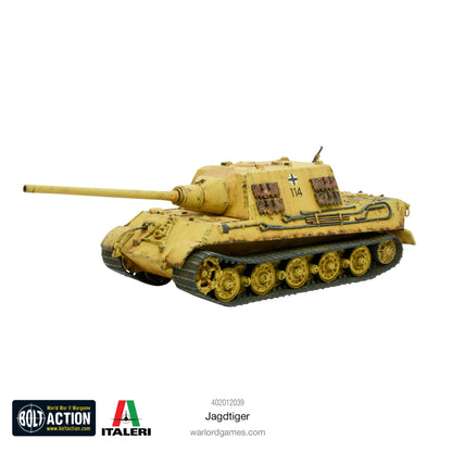 Jagdtiger - Bolt Action 1/56 28mm - niszczyciel czołgów w dunkelgelb żółtym numer 114 z armatą 128mm Pak 44 - widok z boku - Warlord Games