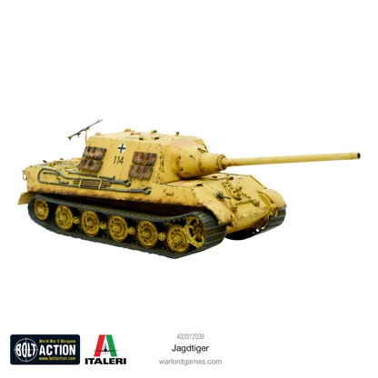 Jagdtiger - Bolt Action 1/56 28mm - niszczyciel czołgów w dunkelgelb żółtym numer 114 z armatą 128mm Pak 44 - widok z boku z karabinem maszynowym - Warlord Games