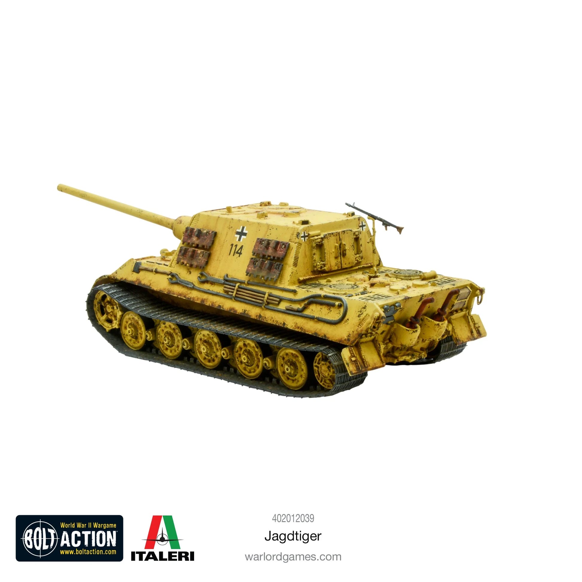 Jagdtiger - Bolt Action 1/56 28mm - niszczyciel czołgów w dunkelgelb żółtym numer 114 z długą armatą 128mm - widok z tyłu z detalem silnika - Warlord Games