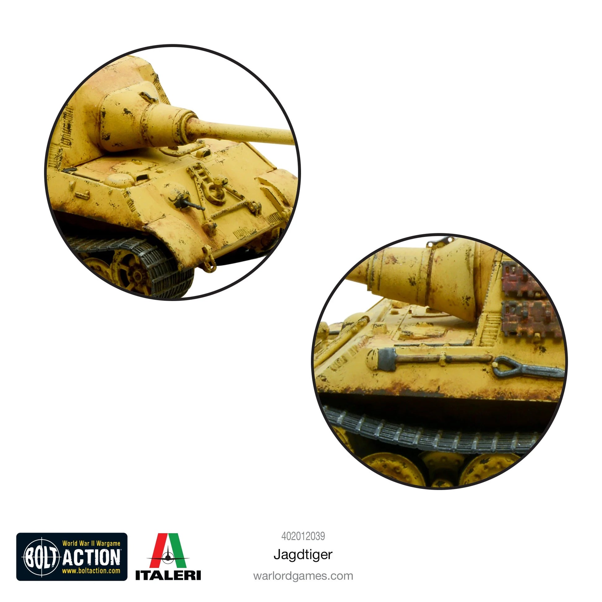 Jagdtiger - Bolt Action 1/56 28mm - zbliżenie detali kazamaty z armatą 128mm Pak 44 i wyposażeniem w dunkelgelb - Warlord Games