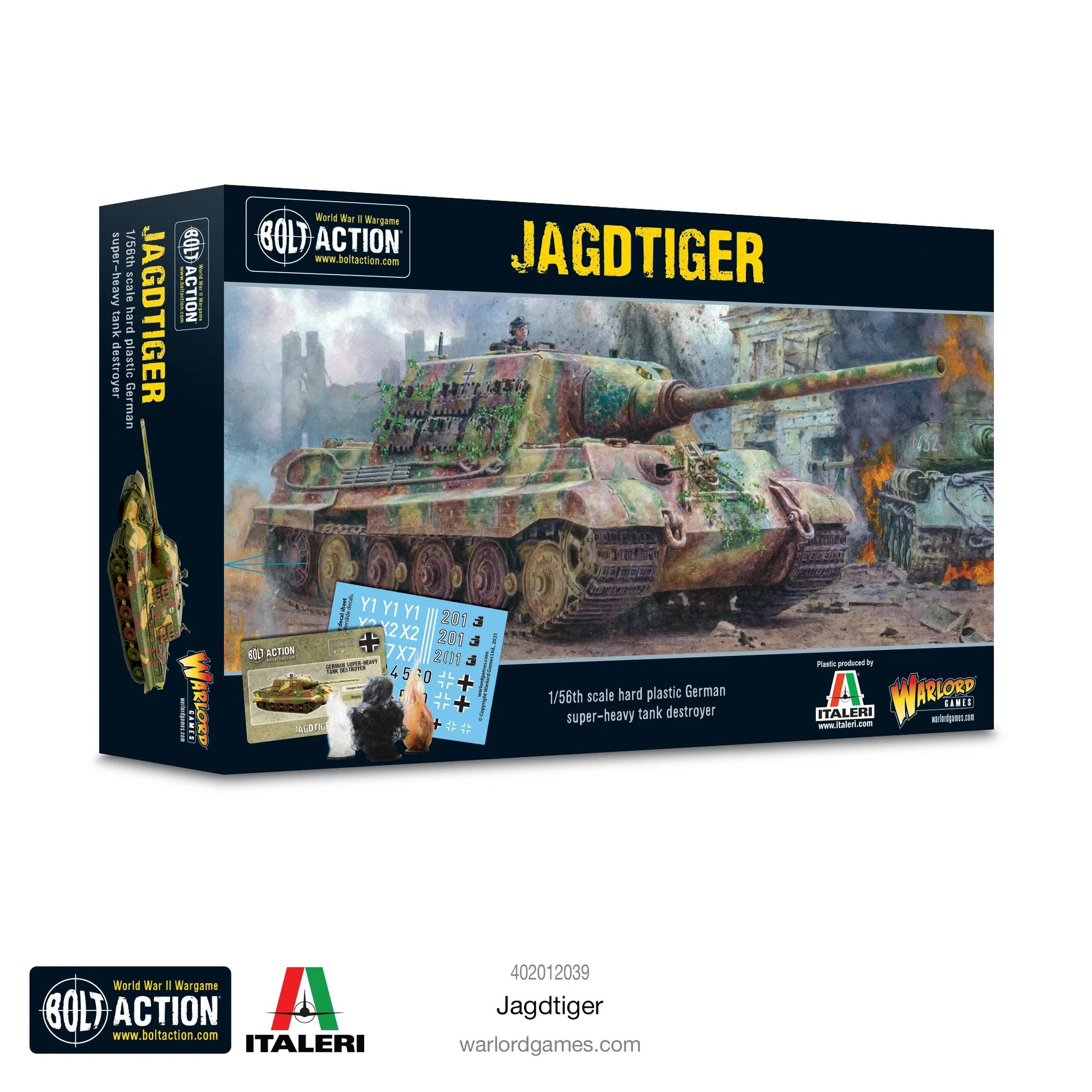 Jagdtiger - Bolt Action 1/56 28mm - opakowanie pudełko z ilustracją niszczyciel czołgów w walce - plastikowy model Italeri - Warlord Games